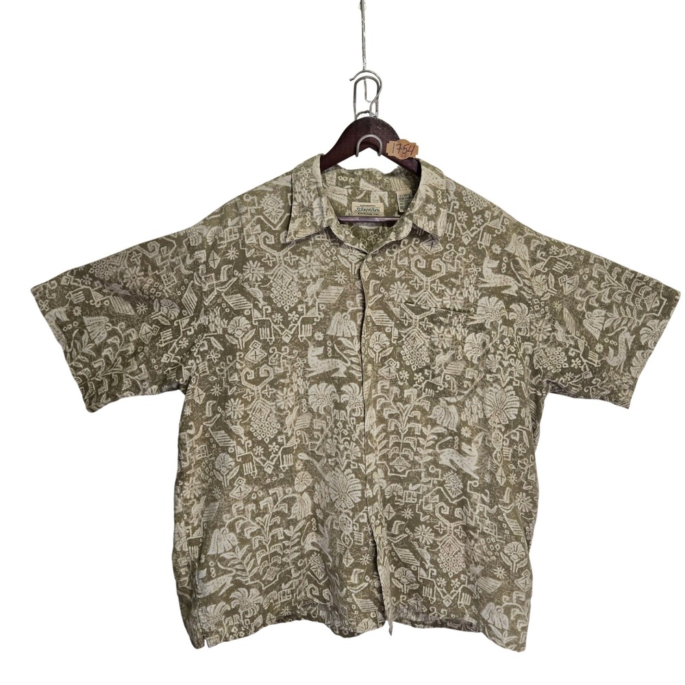St Johns Bay Mens XL Linen Blend Tribal Batik Print Short Sleeve Button Down